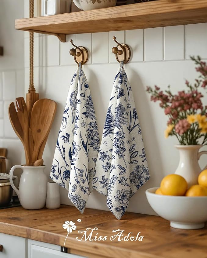 Miss Adola Flour Sack Kitchen Towels - Set of 2 Cotton Dish Towels with Hanging Loop Decorative 18x26 Inch Absorbent Cute Design for Housewarming Gifts, Linestyle