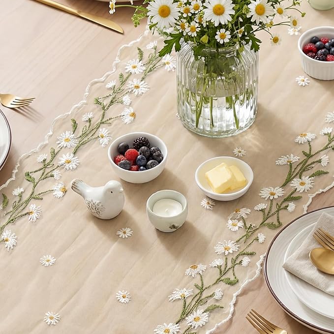 Artoid Mode Daisy Floral Beige Apricot Shaped Gauze Embroidery Table Runner 120 Inch 10FT, Tulle Spring Summer Kitchen Dining Table Decor for Home Party