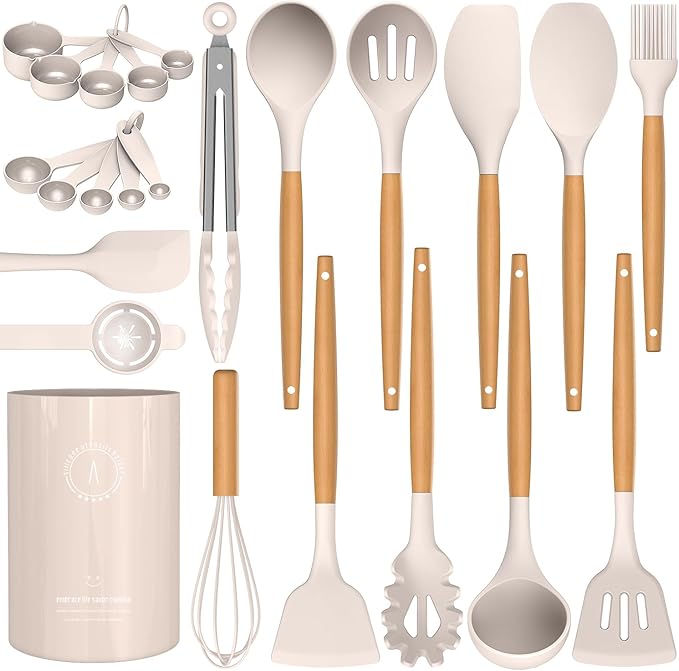 Silicone Cooking Utensils Set - AVGPD Silicone Kitchen Utensils for Cooking Wooden Handles, 446°F Heat Resistant Kitchen Utensil Spatula Sets w Holder, Gadgets for Non-Stick Cookware BPA FREE (Khaki)