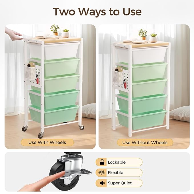 Rolling Cart with 5 Drawers, Plastic Drawer Storage Carts with Wheels & Wooden Tabletop, Metal Utility Cart with Pegboards, Office Living Room Classroom Craft Organization and Storage, Bright Green