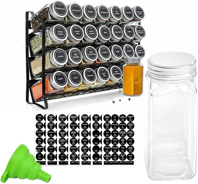 Spice Jar Rack with KEEP – 4-Tier Organizer with 28 Empty Bottles, 180 Waterproof Labels (55 Blanks), Funnel &Screws | Space-Saving Spice Storage Set for Kitchen Counter or Cabinet