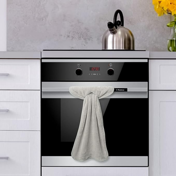 R HORSE 4Pcs Grey Hand Towels with Hanging Loops, Absorbent Coral Fleece Gray Kitchen Cleaning Dishcloth Soft Thick Oven Dish Cloth Dry Hanging Hand Towel for Kitchen Bathroom