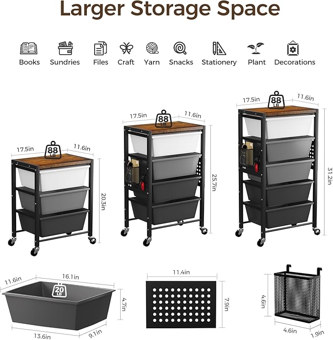 Rolling Cart with 5 Drawers, Plastic Drawer Storage Carts with Wheels & Wooden Tabletop, Metal Utility Cart with Pegboards, Office Living Room Classroom Craft Organization and Storage, Dark Grey
