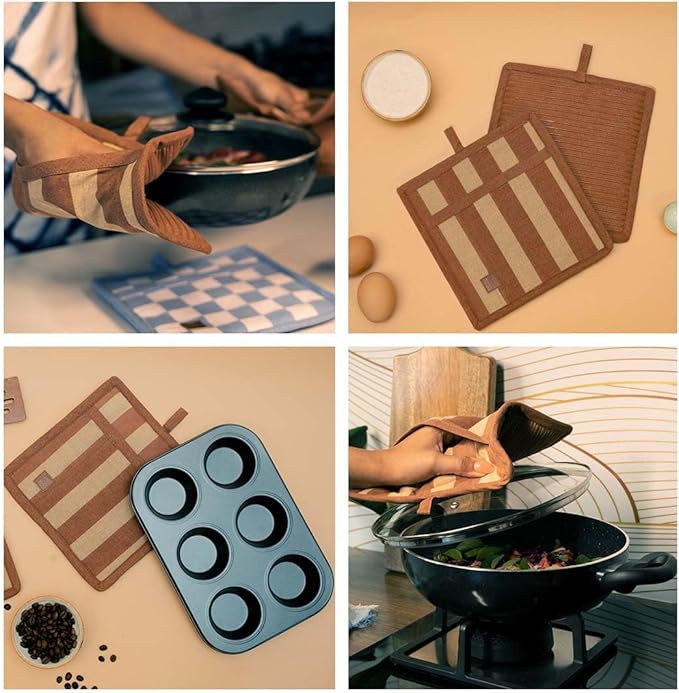 Folkulture Pot Holders for Kitchen | Pack of 2 (8x8) Ribbed Soft Silicone Hot Pads for Kitchen | 100% Cotton Cute Oven Pot Holders Set | Heat Resistant | Machine Washable | Non Slip | Caramel