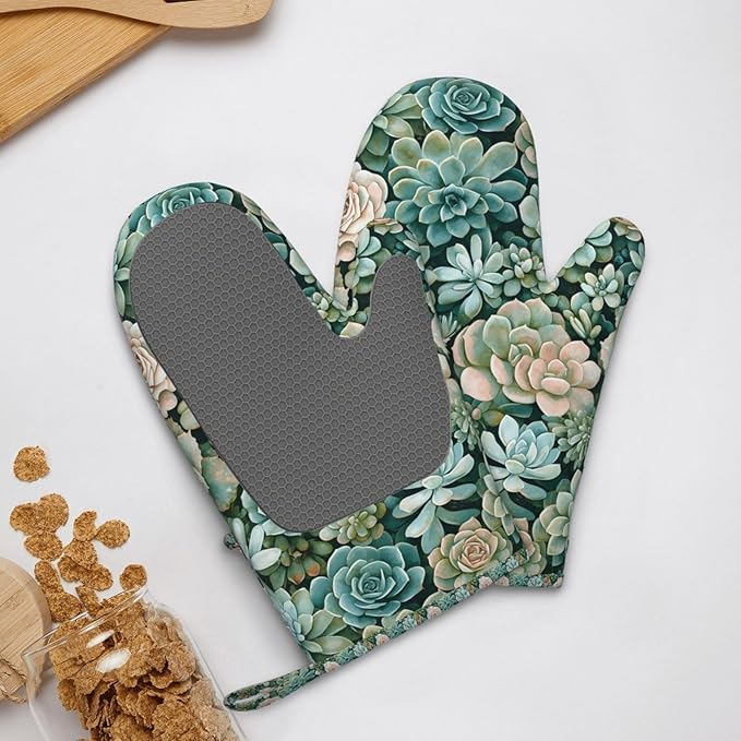 Succulents Silicone Oven Mitts Set of 2, Heat Resistant up to 500°F, Kitchen Oven Gloves with Non-Slip Grip and Soft Cotton Lining for Baking, Cooking and BBQ