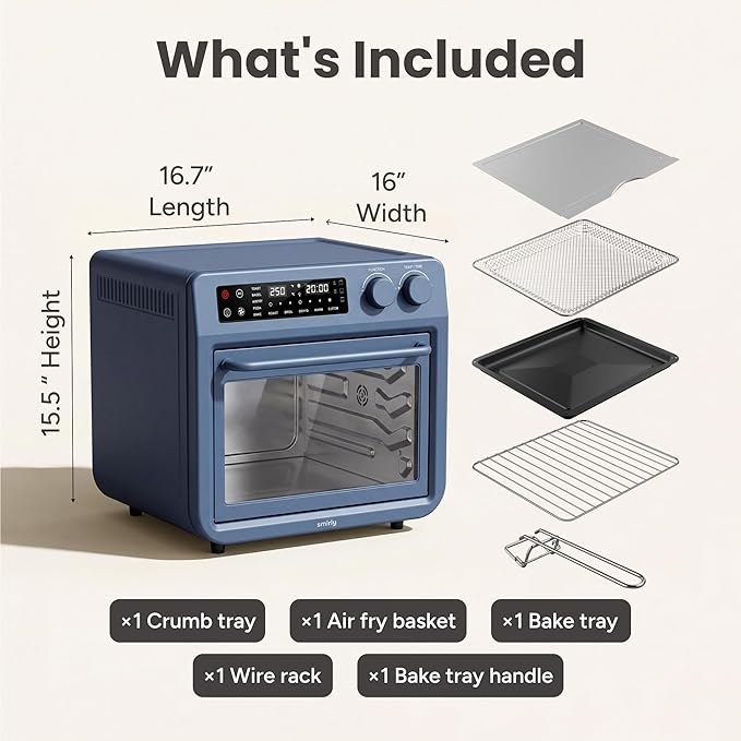 SMIRLY Digital Air Fryer Toaster Oven Combo, 27QT Convection Countertop Oven, 10-in-1 Multi-Function Fits 12" Pizza & 6 Slices of Toast, Stainless Steel, Blue