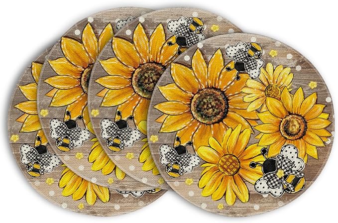 Artoid Mode Wood Sunflower Bee Flower Polka Dot Round Summer Placemats Set of 4, 14 Inch Farmhouse Fall Round Table Mats for Dining Decoration