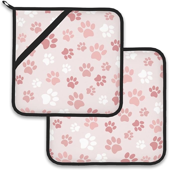 Cute Pink Cat Dog Paw Prints Pot Holder Set of 2,Heat Resistant Potholders Oven Hot Pads for Kitchen Cooking Baking BBQ