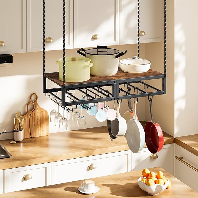 HOOBRO Hanging Pot Rack, Space-Saving Pot Hanger for Kitchen, Ceiling Pan Hanging Rack with 10 S-Shaped Hooks and 3 Dual-Prong Hooks, for Pot, Pan Storage,Space-Saving, Rustic Brown and Black BF78TL01