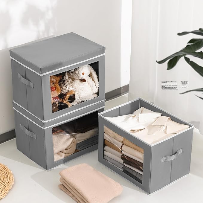 Homsorout Storage Bins, Storage Baskets for Shelves with Window, Fabric Storage Bins with Handle, Foldable Storage Cubes Boxes for Organizing for Clothes, Towels, Books, 3 Pack, Grey