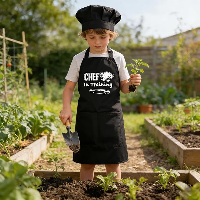 Kids Apron and Chef Hat Set Adjustable Child Aprons with 2 Large Pockets for Girls Boys Cooking Baking Painting Gift