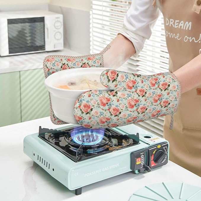 Oven Mitts and Pot Holders Rose Flower Vintage Botanical Silicone Kitchen Accessories Set of 2 Heat Resistant Long Gloves Potholder Non-Slip Grip for Chef Cooking,Baking,Grilling,BBQ