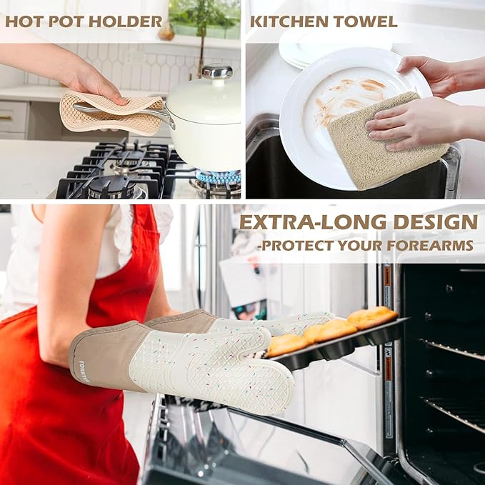 Extra Long Oven Mitts and Potholders 6Pcs Set, 500°F Heat Resistant Kitchen Oven Gloves 15'' Oven Mitts with Non-Slip Silicone Surface Soft Cotton Lining for Cooking, Baking and Grilling - Milky White