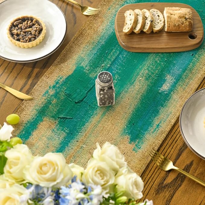 Artoid Mode Brown Blue Abstract Modern Art Table Runner, Seasonal Farmhouse Style Kitchen Dining Table Decoration for Home Party Decor 13x72 Inch