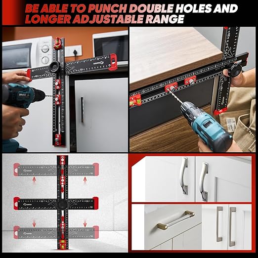 Saker 4-in-1 Drilling Positioning Ruler, Adjustable 13.78in Multifunctional T Square Ruler, Cabinet Hardware Jig, Marking Gauge Tools for Woodworking, Cabinet Drawer Door Hole Drilling Template