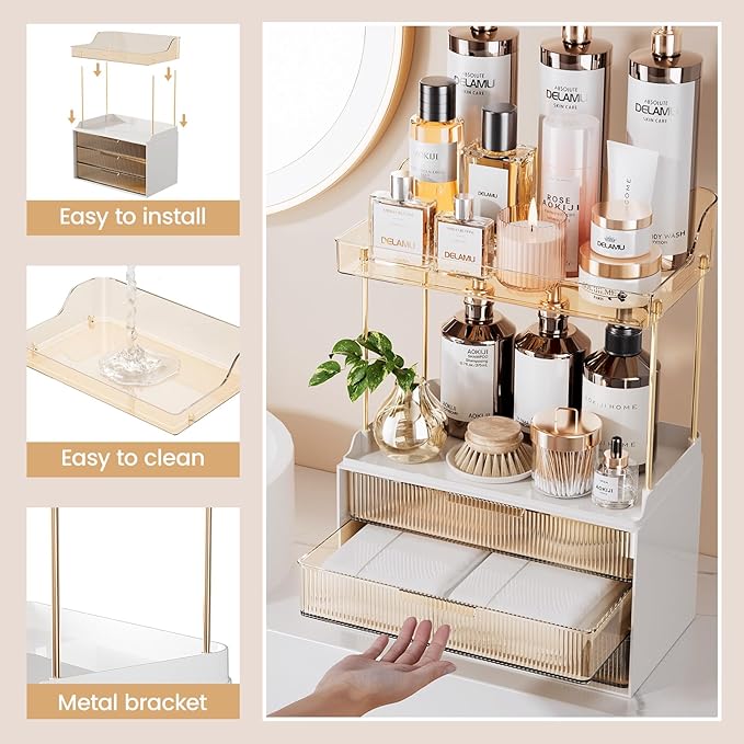 Delamu Bathroom Organizers and Storage, 2 Tier 3 Drawer Makeup Organizer Countertop, Easy to Install, Ideal for Bathroom Counter, Vanity, Ideal for Women Girls, Amber