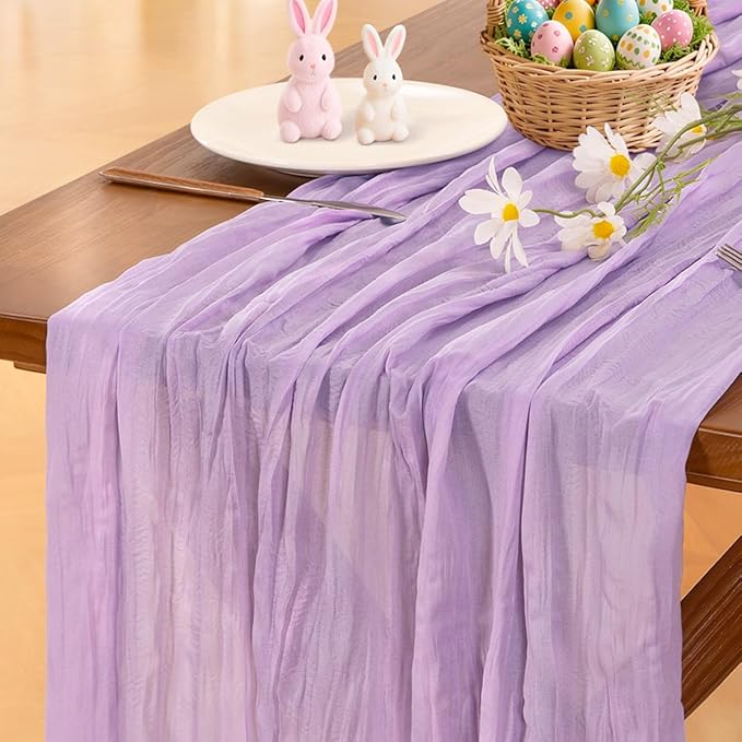 Socomi Lilac Purple Lavender Cheesecloth Table Runner Easter Spring Boho Rustic Gauze 120 inch 10FT Cheese Cloth Runner for Wedding Party Baby Shower Birthday Home Decor Holiday Decorations
