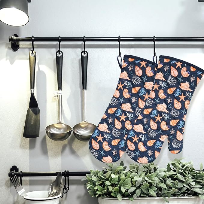 Oven Mitts Cotton Fashion Cute Cowry Design 1pair Heat Resistant Oven Gloves Safe Cooking Baking Grilling Barbecue Machine Washable Pot Holders (Cowry)