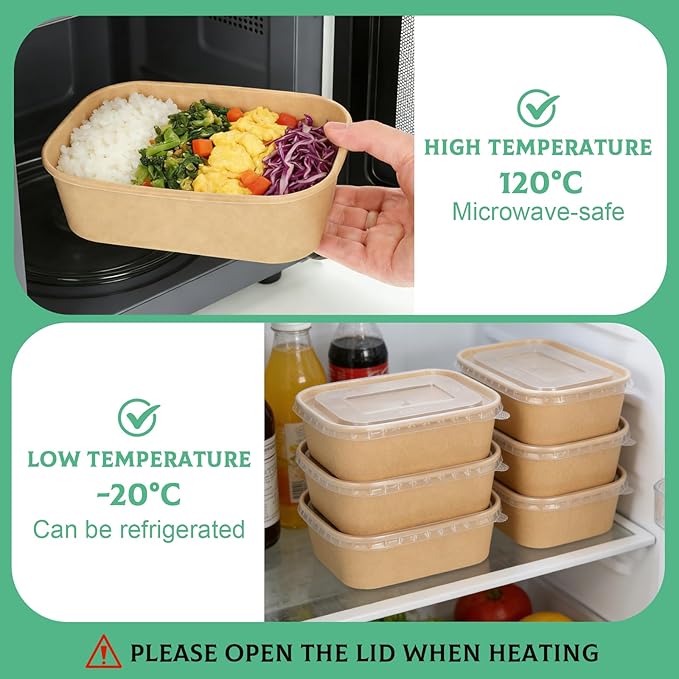 50 Pack 22oz Disposable Kraft Paper Bowls with Lids, Rectangle Meal Prep Containers Bulk, Large Paper Salad Bowl, Leakproof Food Containers Treat Soup Serving Bowls, Microwave Safe for Hot/Cold Food