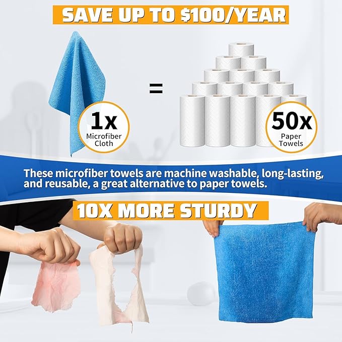 Microfiber Cleaning Cloth Roll, 75 Pack Tear Away Microfiber Towel, Reusable Washable Shop Towels, Lint Free All-Purpose Cleaning Rags Wash Cloths for Home Car Kitchen Automotive 11.5"x11.5"