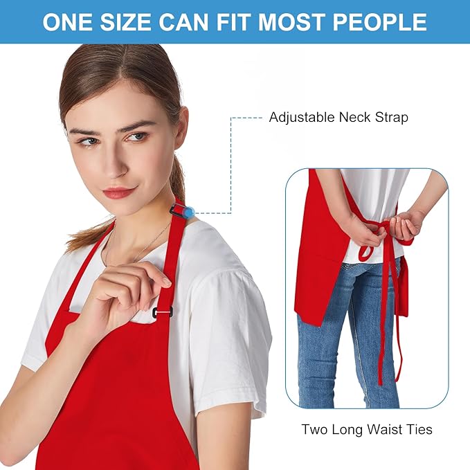 Jubatus 2 Pack 3 Pockets 100% Cotton Adjustable Bib Apron Chef Kitchen Cooking Aprons for Women Men, Red