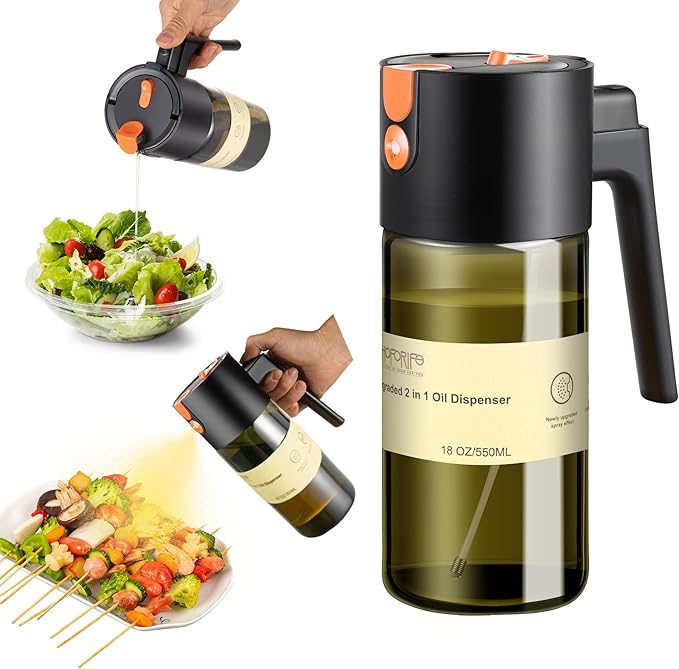 Glass 2 In 1 Olive Oil Dispenser Bottle for Kitchen Gadgets, Olive Oil Sprayer for Cooking 17oz/500ml (Light Blockage, Black)