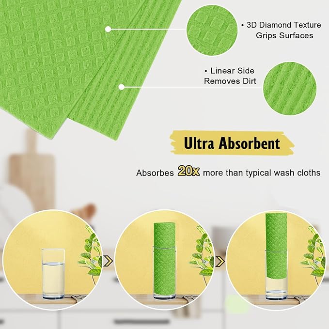 MoLKENE Swedish Dishcloths for Kitchen | 6 Pack Absorbent Cellulose Sponge Cloths Washable | Non-Scratch Reusable Paper Towels Quick Drying Cleaning Cloths - Lime Green