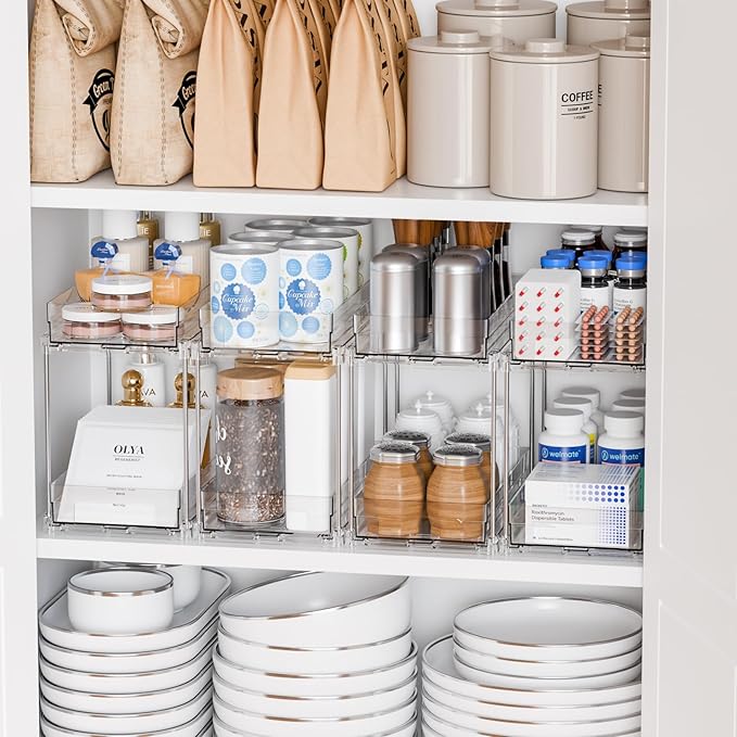 Yieach 4 Pack 2 Tier Vertical Spice Rack Pull Out,10.4'' Deep Narrow Slide Out Spice Rack Organizer for Inside Cabinets,Kitchen,Pantry,Cupboard Seasoning,Can,Jar Organizer and Medicine Cabinet Storage