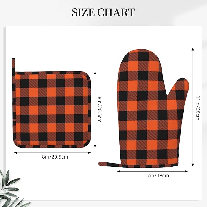 Buffalo Plaid Black and Orange Oven Mitts and Pot Holders Set, 4pcs Silicone Black Orange Plaid Oven Glove for Kitchen Heat Resistant Oven Mitts and Potholders Non-Slip for Cooking