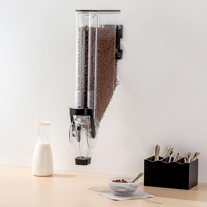 Restaurantware Cereal Dispenser 3 gal Plastic Wall-Mounted Gravity Bin Candy Dispenser Self-Serve Black Dry Food with Wall Mount Brackets for Breakfast Buffet or Hotel Use