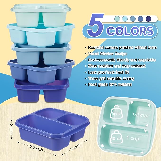 Honeydak 5 Pack Snack Containers 3 Compartment Bento Snack Boxes Divided Meal Prep Containers with Lids Reusable Adults Lunch Food Storage Box for School Work Travel (Blue Ombre)