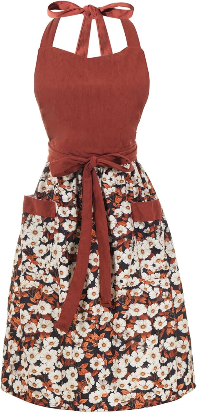 Cute Floral Aprons for Women with Pockets,Cotton Adjustable Neck Strap Apron for Kitchen Cooking Baking Gardening