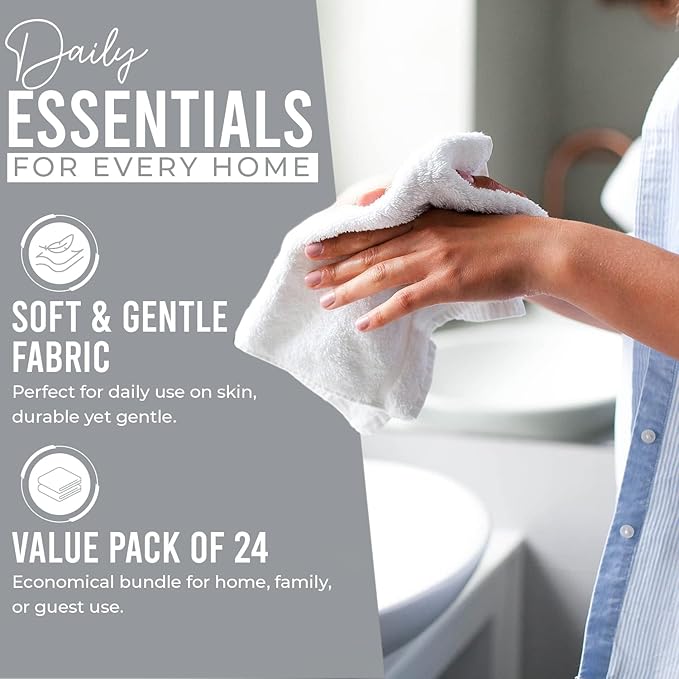 DAN RIVER 24 Pack Wash Cloths for Showering [12x12] - 100% Cotton Washcloths Premium Quality Flannel Face Cloths for Bathroom, Highly Absorbent and Soft Feel Wash Clothes, Silver