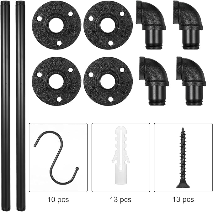 2 Pcs 21 Inch Wall Mounted Pot Rack, Black Iron Industrial Pipe Pan Hanger with 10 Hooks, Kitchen Utensil Organizer and Storage Solution for Pots, Pans and Lids