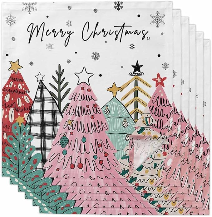 Christmas Cloth Napkins Set of 6, Pink Xmas Tree Washable Dinner Napkins Winter Snowflakes Rustic Plaid Table Reusable Napkin for Home Party Wedding Dining Table Setting Decoration, Oversized 20"x20"