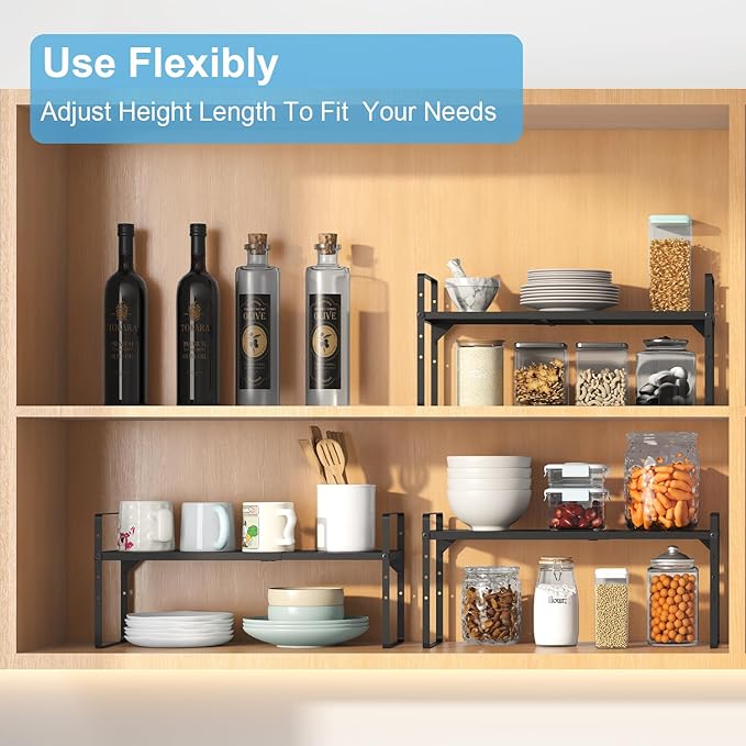 15.5 to 25.5 Inch Kitchen Cabinet Shelf Organizers, Adjustable Kitchen Counter Shelf Organizer, Set of 4 Expandable Countertop Storage Shelves, Stackable Design, 30LBS Heavy Duty, Space Saver