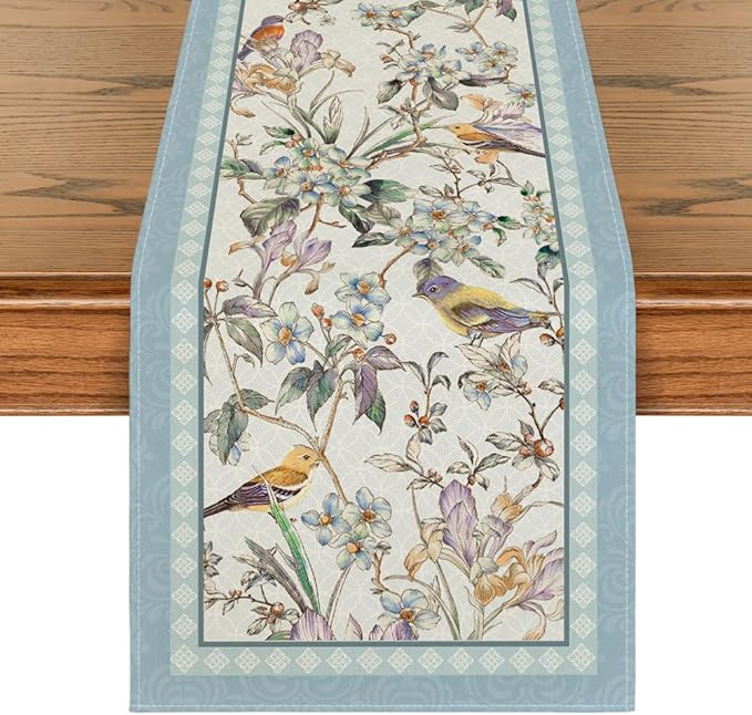 Artoid Mode Blue Birds Flowers Blossom Table Runner, Seasonal Spring Floral Kitchen Dining Table Decoration for Home Party Decor 13x72 Inch