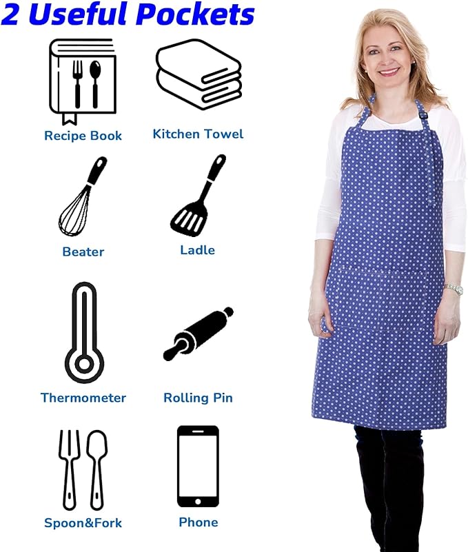 Aprons for Women with 2 Pockets, Adjustable Floral Cotton Kitchen Apron for Cooking Baking,Chef Apron, Artist or Garden Apron (Blue Floral)