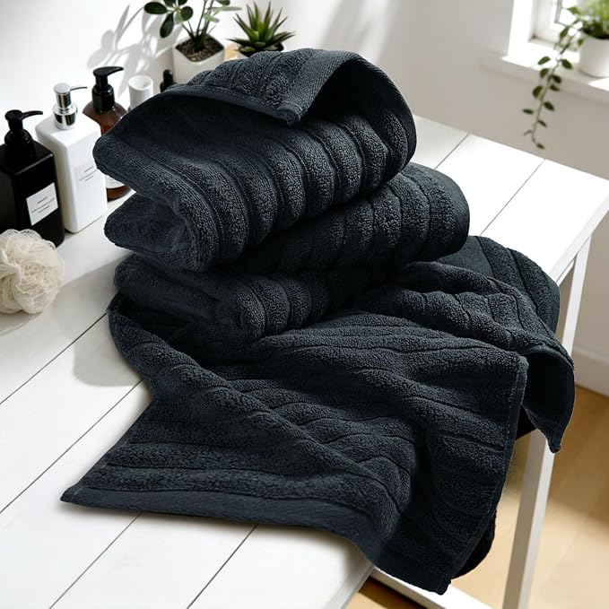 Jacquotha 4-Pack Bathroom Hand Towels (Black) Ribbed – Guest Room & Spa Premium Cotton Face Towels 13” x 29”, Soft and Quick Drying 470 GSM