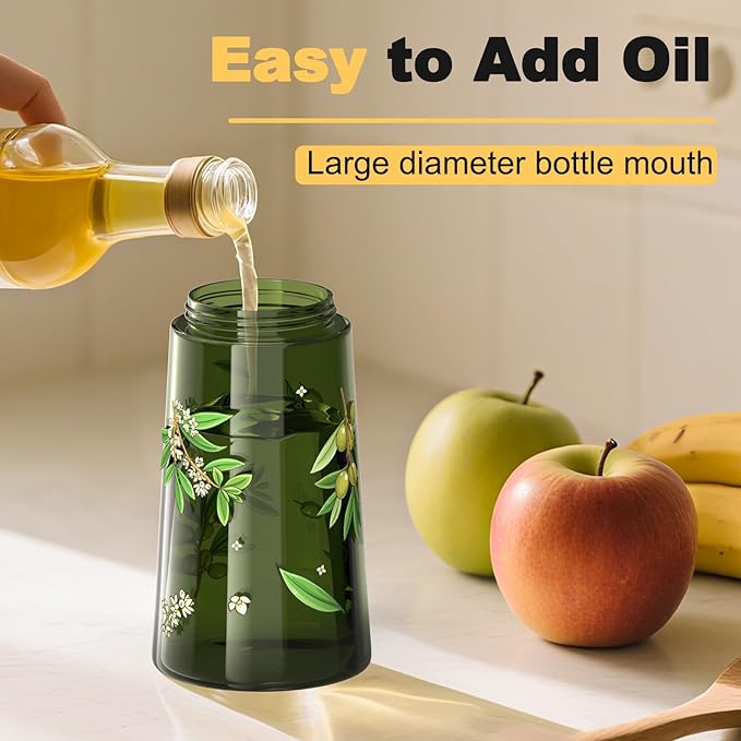 COOLMI Oil Sprayer for Cooking, 2 in 1 Olive Oil Dispenser Bottle Set for Kitchen, Food-Grade Glass Green Oil Vinegar Bottle Container - 16OZ/470ML Set of 2 (Black + Beige)