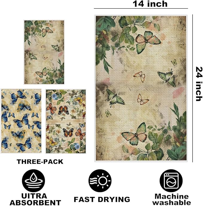 Jztco 3 Pcs Vintage Butterfly Kitchen Towels, Artistic Decorative Absorbent Microfiber Dish Cloth Tea Towel, Botanical Waffle Hand Towels for Farmhouse Home Bathroom, Butterfly Gifts for Women 2