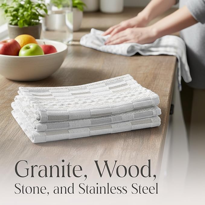 Delilah Home Sea Pines Kitchen Towels – Super Soft and Comfy Kitchen Cloth Napkins Made from Organic Cotton Material for Drying, Wiping, or Cleaning – White-Beige (Pack of 4)