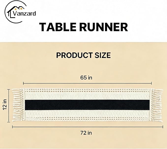 Boho Table Runner for Home Decor with Tassels 72 Inches Long , Farmhouse Rustic Black Table Runners for Bohemian Kitchen Dining Table(12x72in)