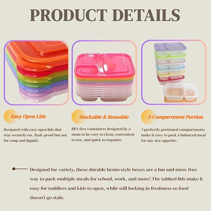 WEEK NINE Bento Lunch Boxes - Reusable 3-Compartment Food Containers for School, Work, and Travel, Set of 7
