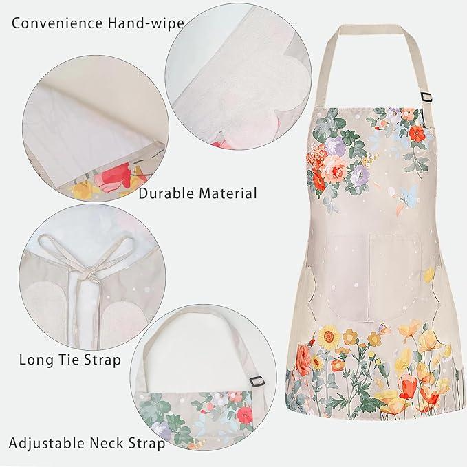 DILLMAN 2 Pack Floral Aprons with Pocket Blooming Womens Waterproof Adjustable Cooking Aprons Kitchen Gardening Salon