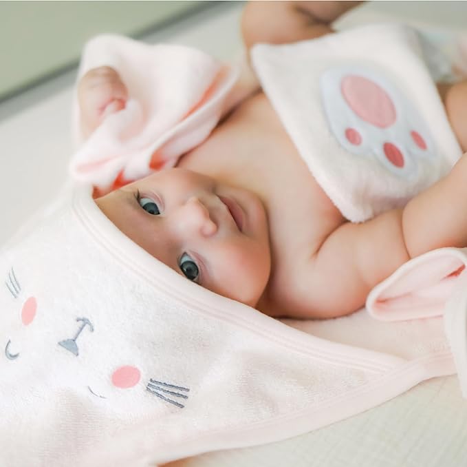 CuddleBug Premium Hooded Baby Bath Towel & Washcloth Set (Bear) - 100% Cotton Terrycloth Hooded Baby Towels for Newborn & Toddler - Super-Soft & Absorbent, Newborn Essentials (33" x 33") - Blush Pink