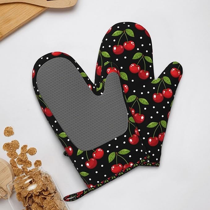 Cherry Print Silicone Oven Mitts Set of 2, Heat Resistant up to 500°F, Kitchen Oven Gloves with Non-Slip Grip and Soft Cotton Lining for Baking, Cooking and BBQ