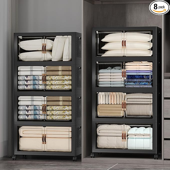 UAMFURI Stackable Storage Bins with Lids, 1400QT Closet Organizers and Storage with Doors and Wheels, Extra Large Storage Cabinet, Collapsible Plastic Drawers for Bedroom Kitchen Office Garage