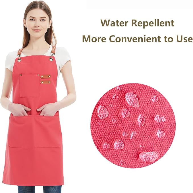 AFUN Chef Aprons for Women Men with Oversized Pockets, 12-Ounce Cotton Canvas Cross Back Water Repellent Apron (Pink)