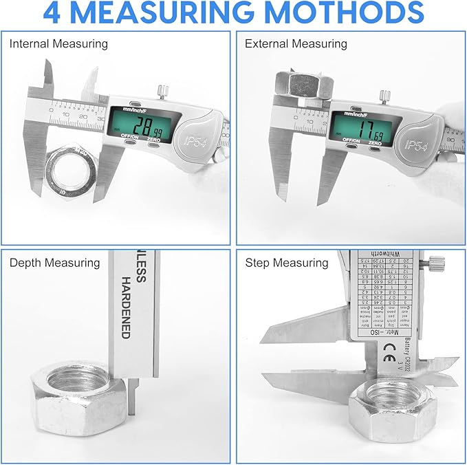 Digital Caliper Measuring Tool, IP54 Waterproof Electronic Micrometer Caliper, Stainlee Steel Vernier Caliper with Large LCD Screen, Inch Metric Fraction Conversion, 6 Inch for Household/DIY